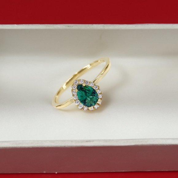 Genuine 10KT Yellow Gold Ring, Size 7, Green CZ Stone 4x5mm, Elegant 1.5mm Band - Picture 4 of 5